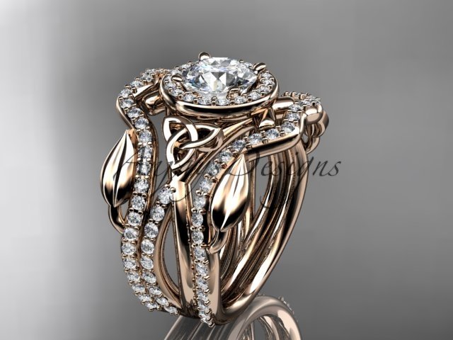 14kt rose gold celtic trinity knot engagement ring with a Moissanite center stone CT789S
