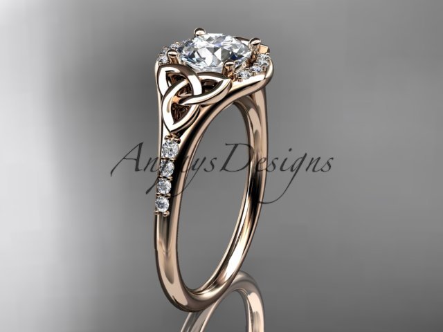 14kt rose gold diamond celtic trinity knot engagement ring with a Moissanite center stone CT7126