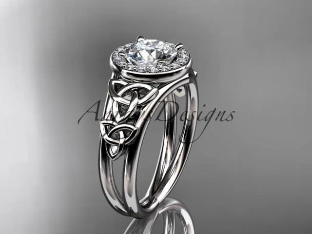14kt white gold diamond celtic trinity knot engagement ring with a Moissanite center stone CT7131