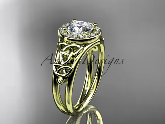 14kt yellow gold diamond celtic trinity knot engagement ring with a Moissanite center stone CT7131