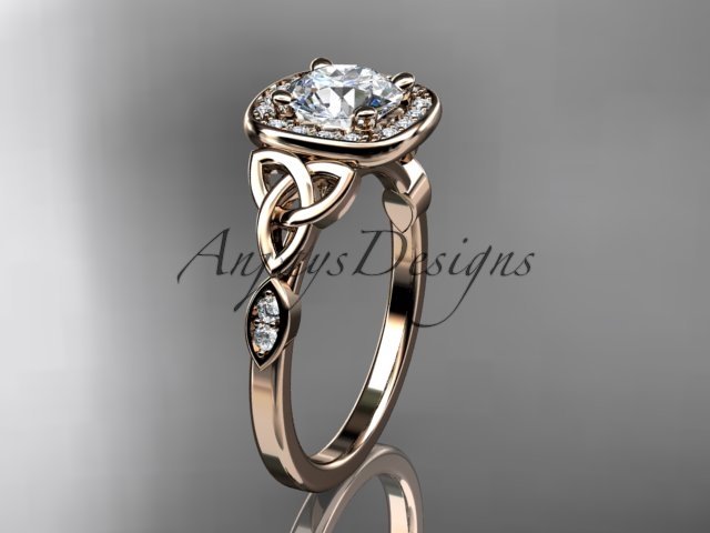 14kt rose gold diamond celtic trinity knot engagement ring with a Moissanite center stone CT7179
