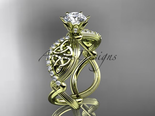 14kt yellow gold diamond celtic trinity knot engagement ring with a Moissanite center stone CT7192