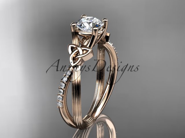 14kt rose gold diamond celtic trinity knot engagement ring with a Moissanite center stone CT7214