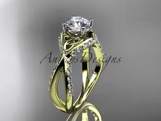 14kt yellow gold diamond celtic trinity knot engagement ring with a Moissanite center stone CT7218