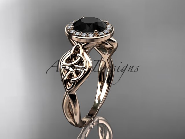 14kt rose gold diamond celtic trinity knot engagement ring with a Black Diamond center stone CT7219