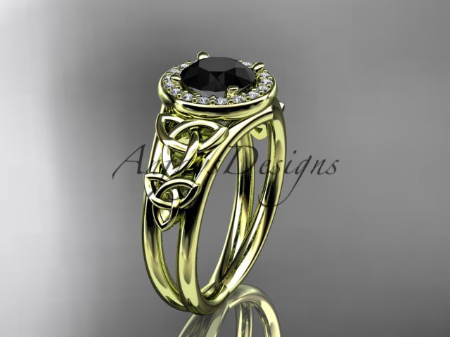 14kt yellow gold diamond celtic trinity knot engagement ring with a Black Diamond center stoneCT7131
