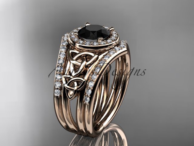 14kt rose gold diamond celtic trinity knot engagement ring with a Black Diamond center stoneCT7131S