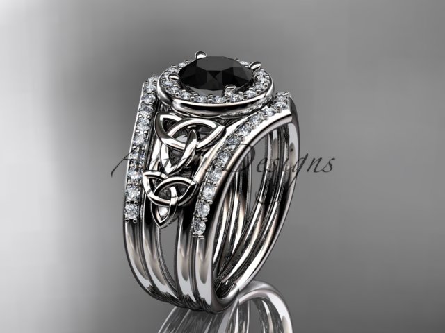Platinum diamond celtic trinity knot engagement ring with a Black Diamond center stoneCT7131S