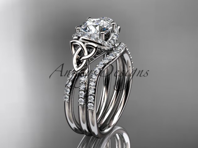 14kt white gold diamond celtic trinity knot wedding ring, engagement set CT7155S