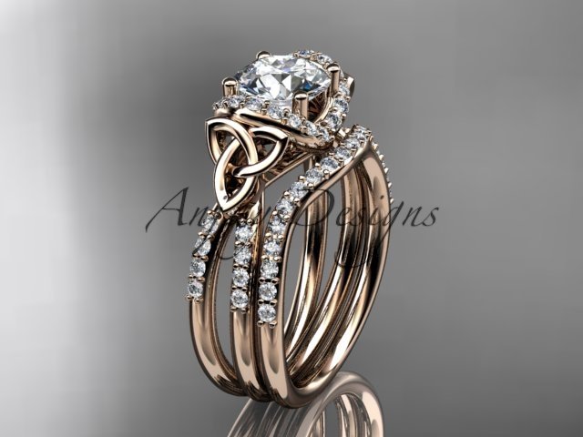 14kt rose gold diamond celtic trinity knot engagement set with a Moissanite center stone CT7155S