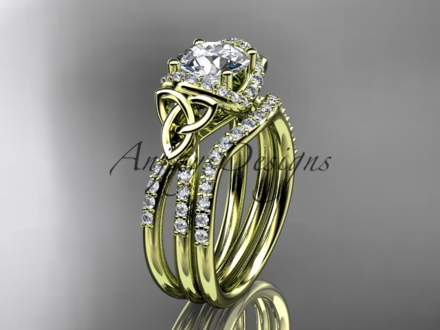 14kt yellow gold diamond celtic trinity knot engagement set with a Moissanite center stone CT7155S