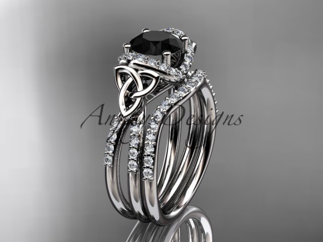 14kt white gold diamond celtic trinity knot engagement set with a Black Diamond center stone CT7155S