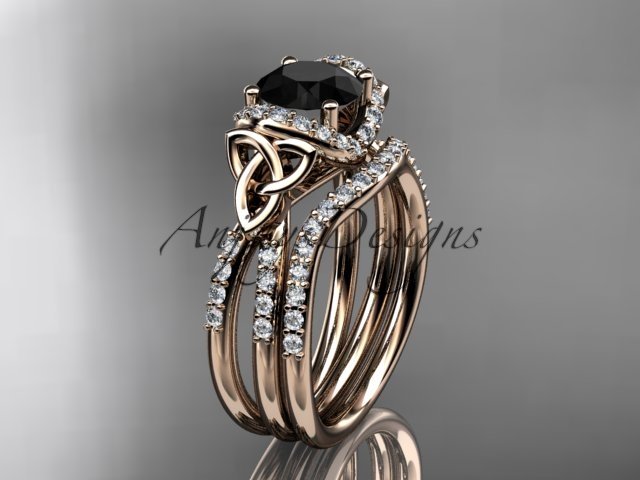 14kt rose gold diamond celtic trinity knot engagement set with a Black Diamond center stone CT7155S