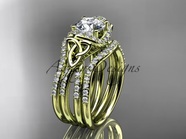 14kt yellow gold diamond celtic trinity knot engagement ring with a double matching band CT7155S