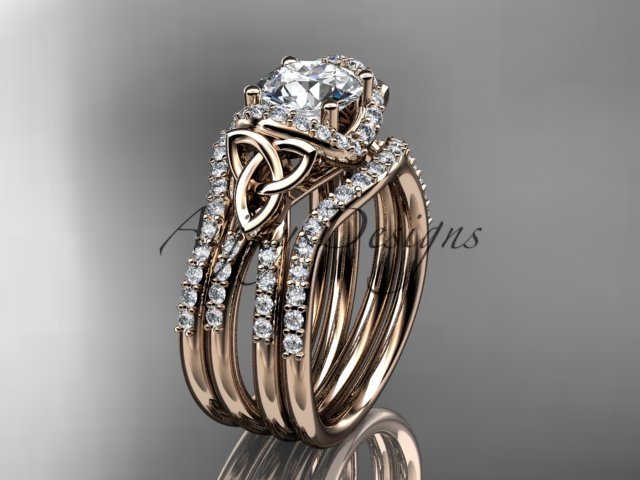 14kt rose gold diamond celtic trinity knot engagement ring with a Moissanite center stone CT7155S