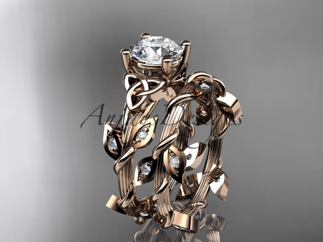 14kt rose gold diamond celtic trinity knot wedding ring, engagement set CT7215S