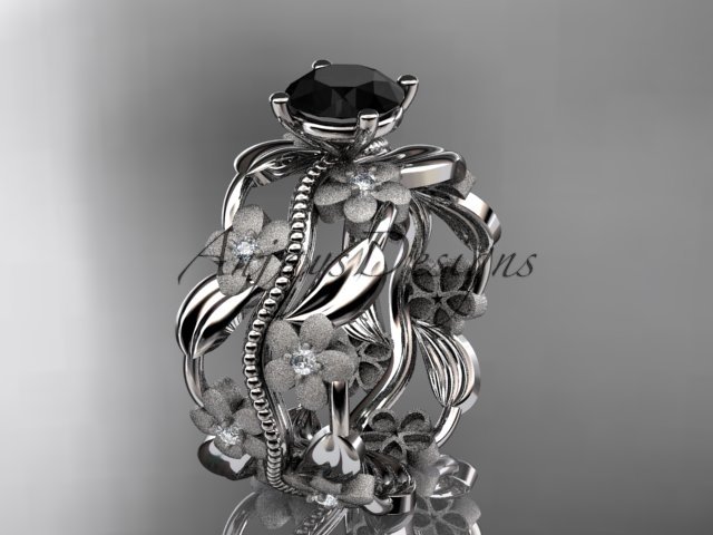 14kt white gold diamond leaf and vine engagement ring with a Black Diamond center stone ADLR188