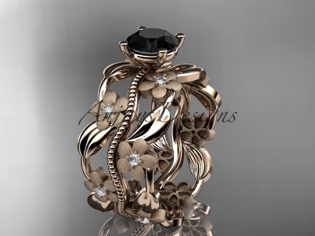 14kt rose gold diamond leaf and vine engagement ring with a Black Diamond center stone ADLR188