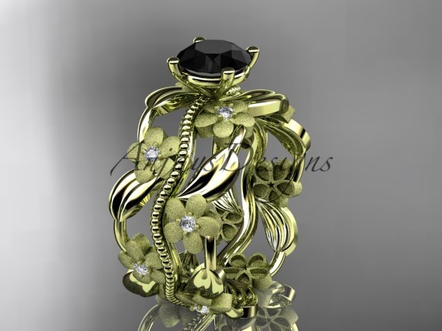 14kt yellow gold diamond leaf and vine engagement ring with a Black Diamond center stone ADLR188