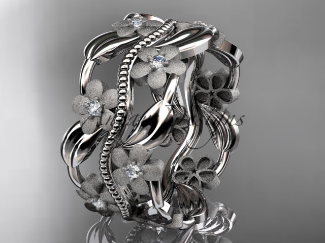 14kt white gold diamond leaf and vine wedding band, engagement ring ADLR188B