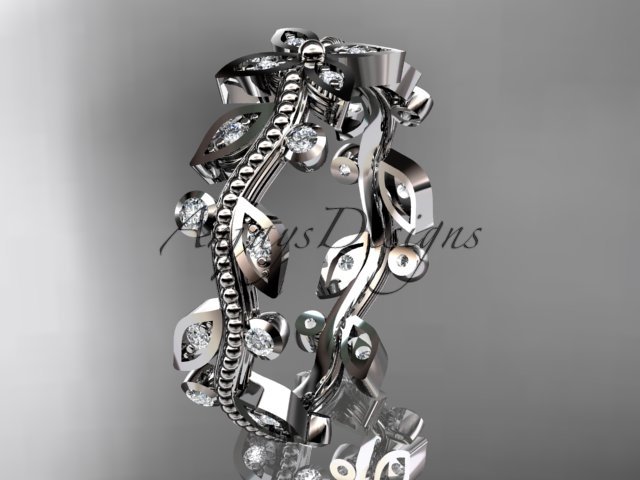14k white gold diamond leaf and vine wedding ring, engagement ring, wedding band ADLR3A