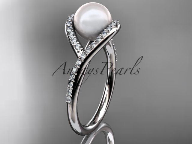 14kt white gold diamond pearl unique engagement ring, wedding ring AP383