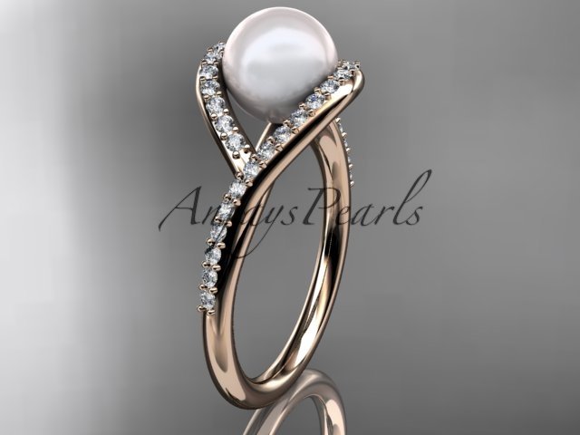 14kt rose gold diamond pearl unique engagement ring, wedding ring AP383