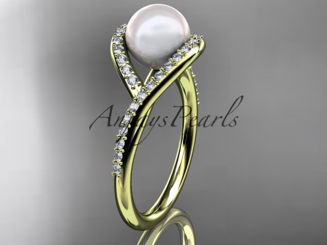 14kt yellow gold diamond pearl unique engagement ring, wedding ring AP383