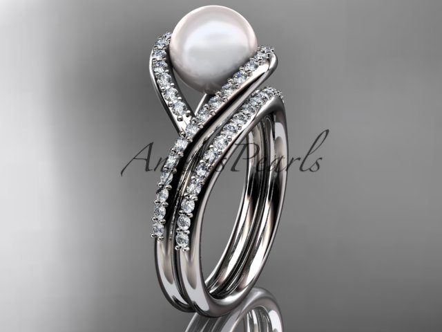 14kt white gold diamond pearl unique engagement set, wedding ring AP383S
