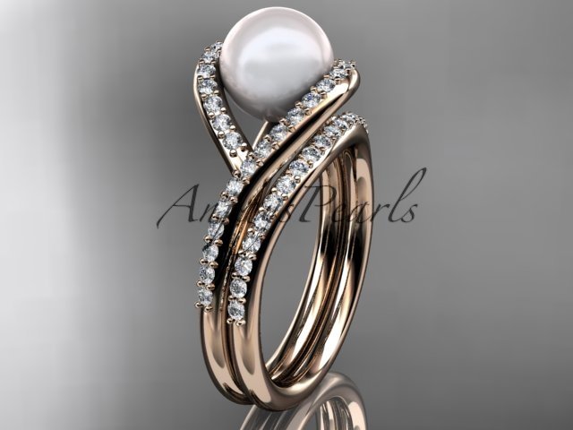 14kt rose gold diamond pearl unique engagement set, wedding ring AP383S