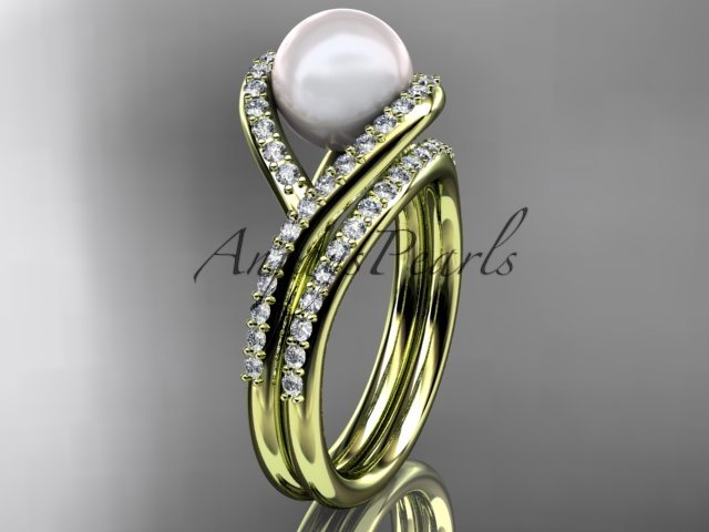 14kt yellow gold diamond pearl unique engagement set, wedding ring AP383S