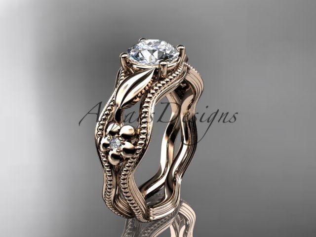 14k rose gold diamond engagement ring with a Forever One Moissanite center stone ADLR382