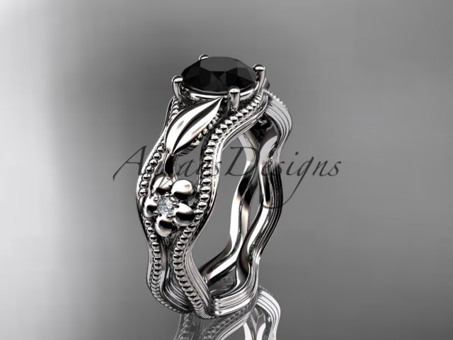 14k white gold leaf and flower diamond engagement ring with a Black Diamond center stone ADLR382