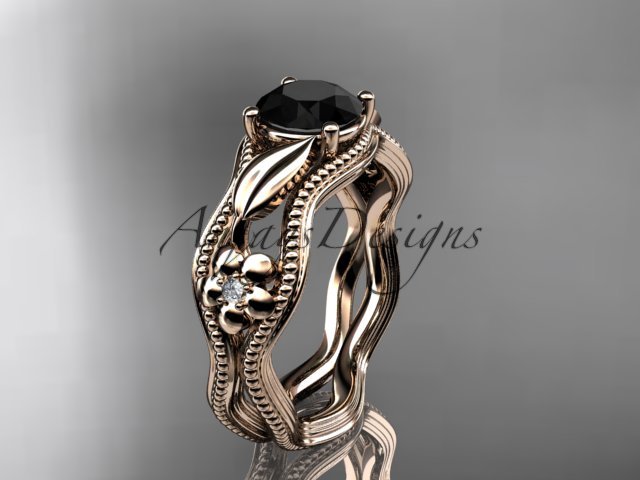 14k rose gold leaf and flower diamond engagement ring with a Black Diamond center stone ADLR382
