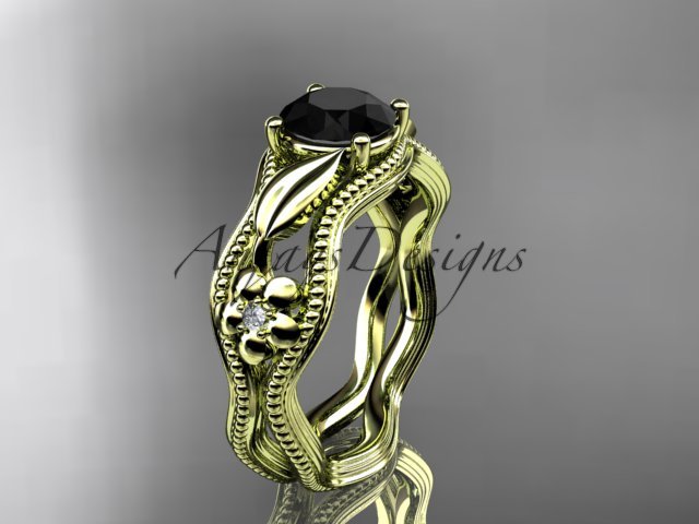 14k yellow gold leaf and flower diamond engagement ring with a Black Diamond center stone ADLR382