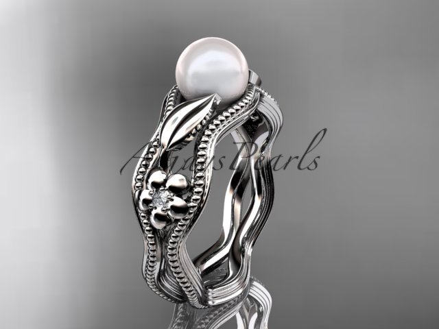 14kt white gold diamond pearl flower, leaf and vine engagement ring AP382