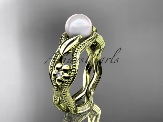 14kt yellow gold diamond pearl flower, leaf and vine engagement ring AP382