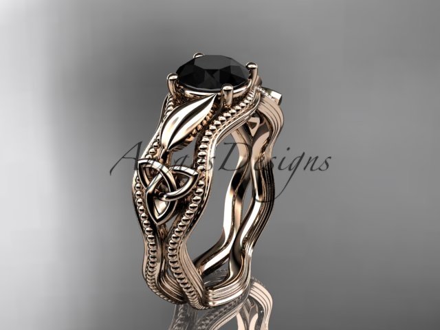 14kt rose gold diamond celtic trinity knot engagement ring with a Black Diamond center stone CT7382
