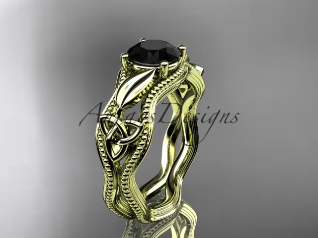 14k yellow gold diamond celtic trinity knot engagement ring with a Black Diamond center stone CT7382