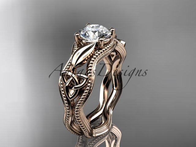 14kt rose gold diamond celtic trinity knot engagement ring with a Moissanite center stone CT7382