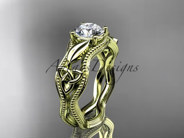 14kt yellow gold diamond celtic trinity knot engagement ring with a Moissanite center stone CT7382