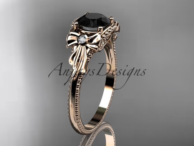 14k rose gold leaf and flower diamond engagement ring with a Black Diamonde center stone ADLR376