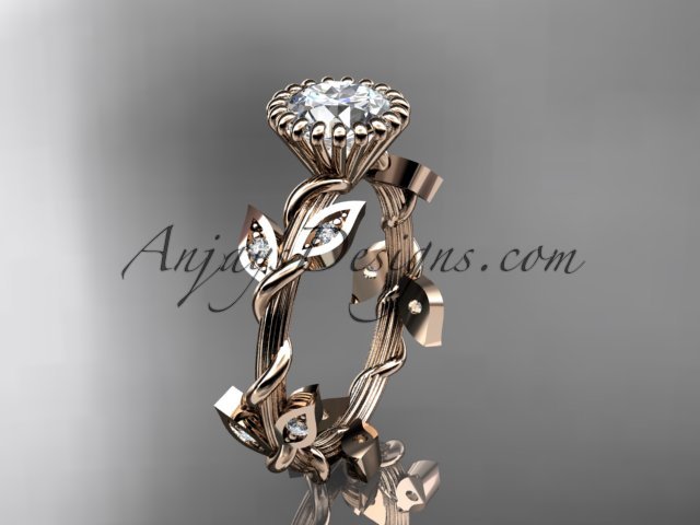 14kt rose gold diamond leaf and vine engagement ring with a Moissanite center stone ADLR20A