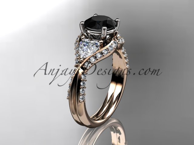 14kt rose gold diamond wedding ring, engagement ring with a Black Diamond center stone ADLR319