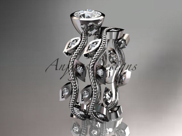 14k white gold diamond leaf and vine wedding ring, engagement ring, engagement set ADLR213