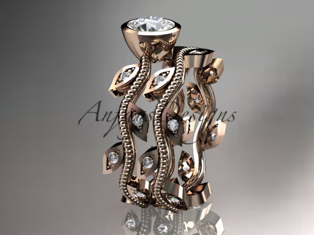 14k rose gold diamond leaf and vine wedding ring, engagement ring, engagement set ADLR213