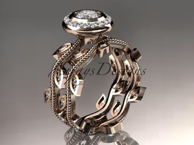 14k rose gold diamond leaf and vine wedding ring, engagement ring, engagement set ADLR212