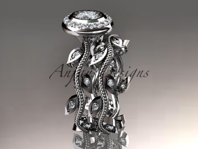 Platinum diamond leaf and vine wedding ring, engagement ring, engagement set ADLR212