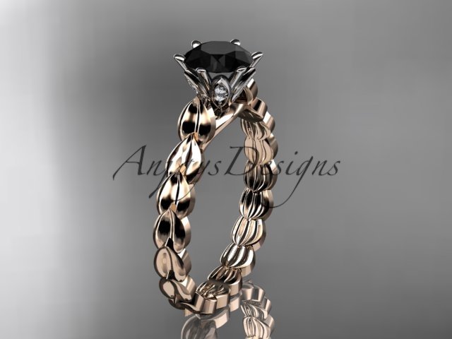 14k rose gold diamond vine and leaf engagement ring with Black Diamond center stone ADLR35