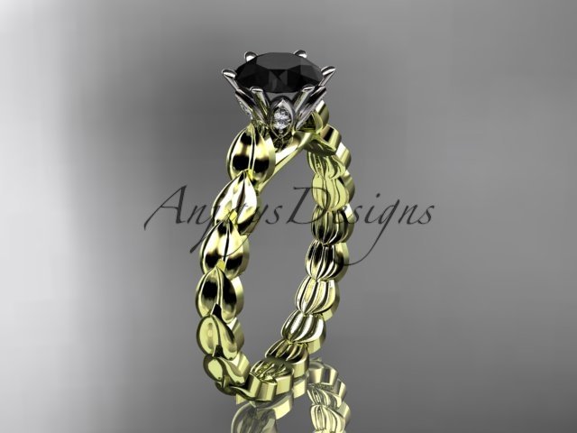 14k yellow gold diamond vine and leaf engagement ring with Black Diamond center stone ADLR35
